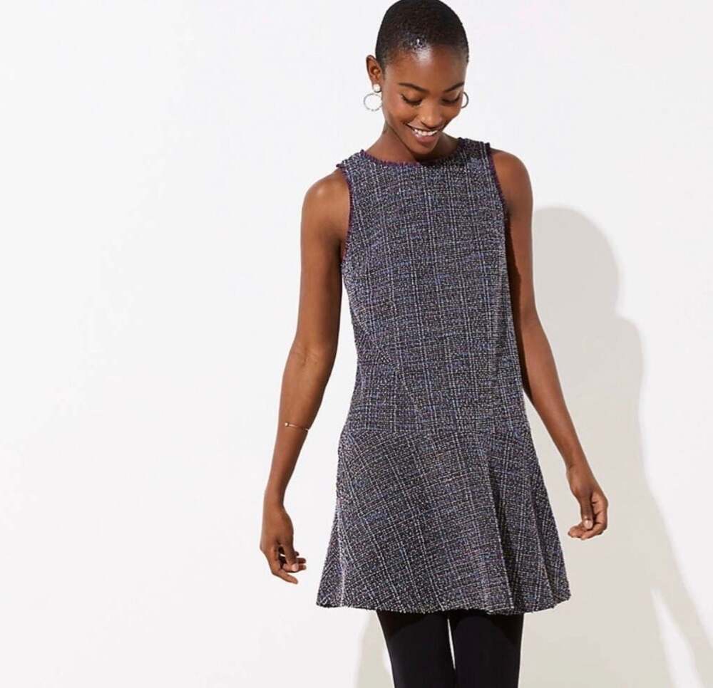 NWT LOFT Dress Woman’s XL Plaid Tweed Zip Pockets Fringe Trim Shift Dress